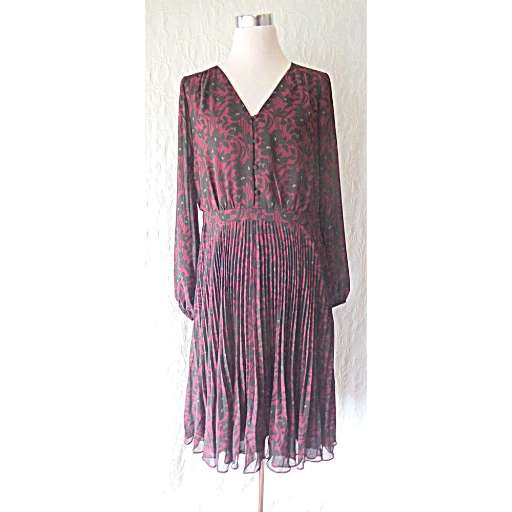 Ann Taylor Black Floral on Burgundy Sheer Dress 12